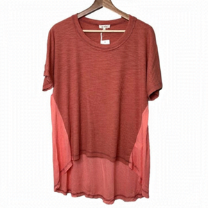 La Miel Womens Size Small Coral Pink Mixed Media Hi Low Tee NEW Raw Edge Boho